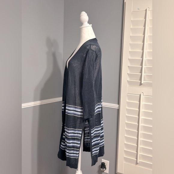 J. Jill Linen Blend Stripes Cardigan Sweater Topper Size XL Petite Navy & Blue - Picture 7 of 8